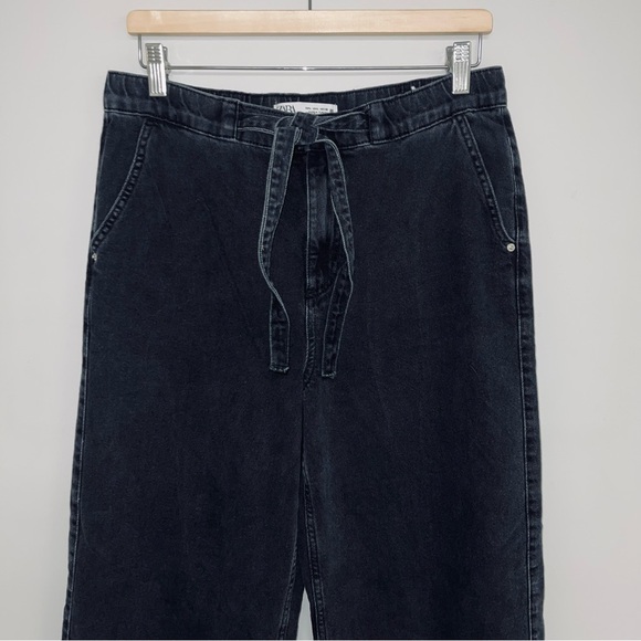 Zara Jeans Women's‎ Size Large Black Wash Denim Wide Leg High Rise Front Tie - Picture 4 of 16